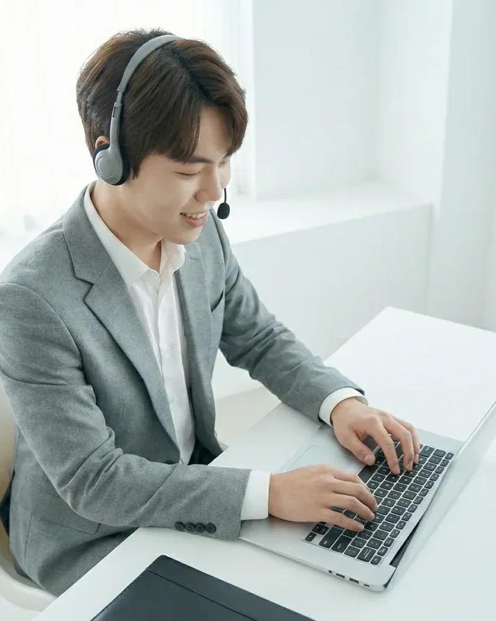 밝은 사무실에서 헤드셋을 끼고 컴퓨터로 상담을 준비하는 상담원